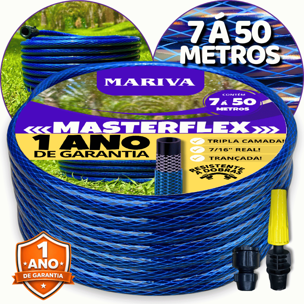 Mangueira de Jardim Trançada Azul 7/16 (Kit Completo) - 7m à 50m Reforçada Trançada Resistente