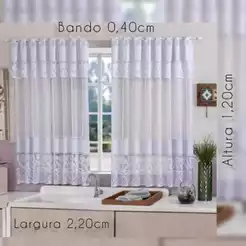 Cortina de Cozinha Renda Com Estampa Floral - Tulipa 1,20m x 2,20m Branca/ Bege - Com Bando