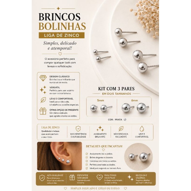 Brinco de Bolinha Feminino Masculino Prata em Liga de Zinco Delicados e Versáteis