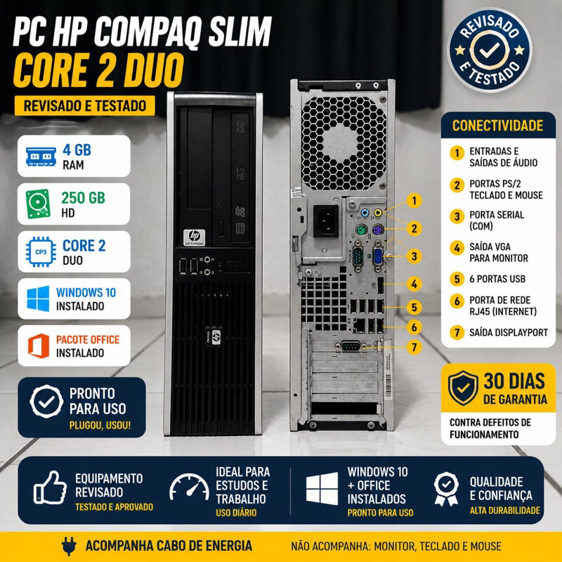 PC HP Compaq Slim Core 2 Duo 4GB 250GB Windows 10 Office Revisado