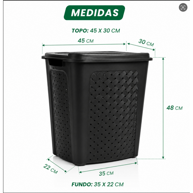 Cesto Para Roupa Suja 45L Com Tampa Organizador Lavanderia Banheiro Quarto Grande Resistente