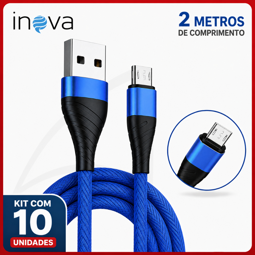Kit 10 Cabos Carregador 2 Metros Carga Rápida Micro-usb V8