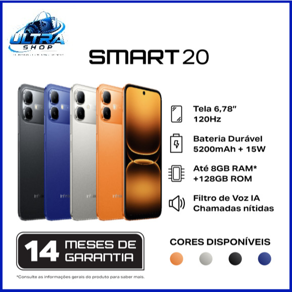 Celular Smartphone Infinix Smart 20 4G 128GB de Armazenamento 4GB de RAM Dual SIM Bateria 5200mAh NFC Tela LCD 6,78"