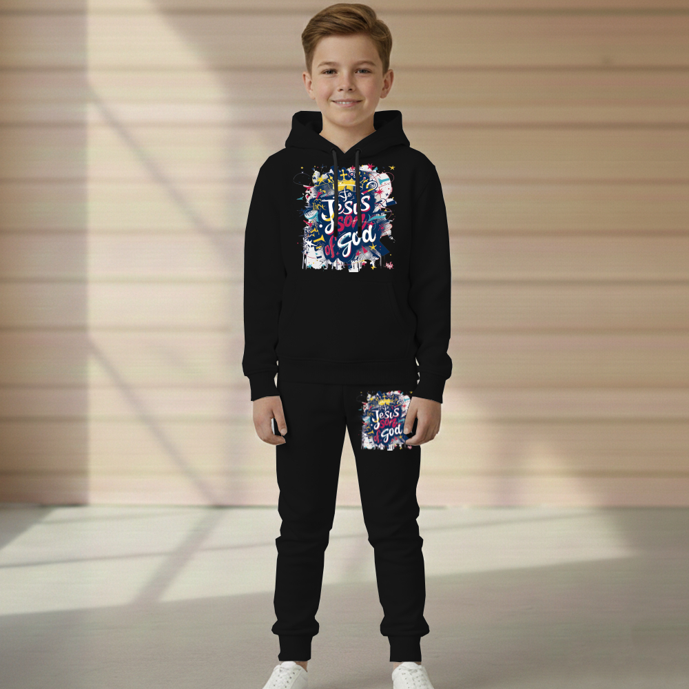 Conjunto Moletom Jesus Coroa Infantil Blusa Canguru e Calça Flanelado Do Tamanho 2 ao 16