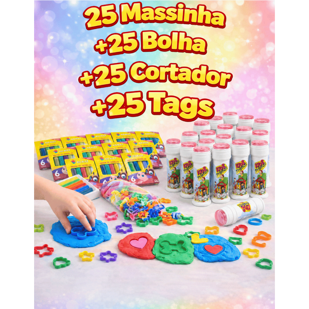 Kit 25 Cx Massinha de Modelar + 25 Bolha de Sabão + 25 Cortador + 25 Tags lembrancinhas de aniversário infantil festa