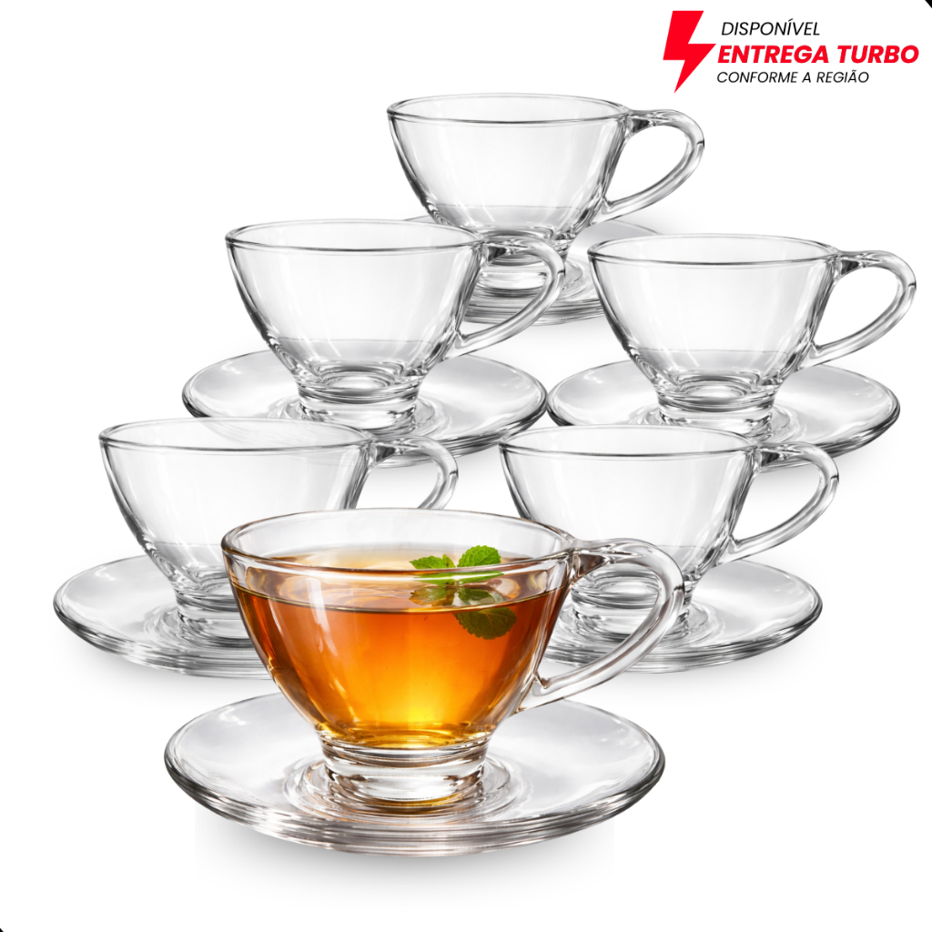 Jogo De Xícaras Em Vidro  220ml Kit Canecas kit 12 Peças Para Chá Café