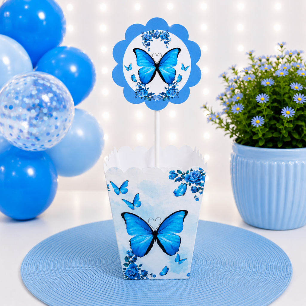 Centro de Mesa BORBOLETA AZUL - cachepô para mesa para decoração de aniversário - |