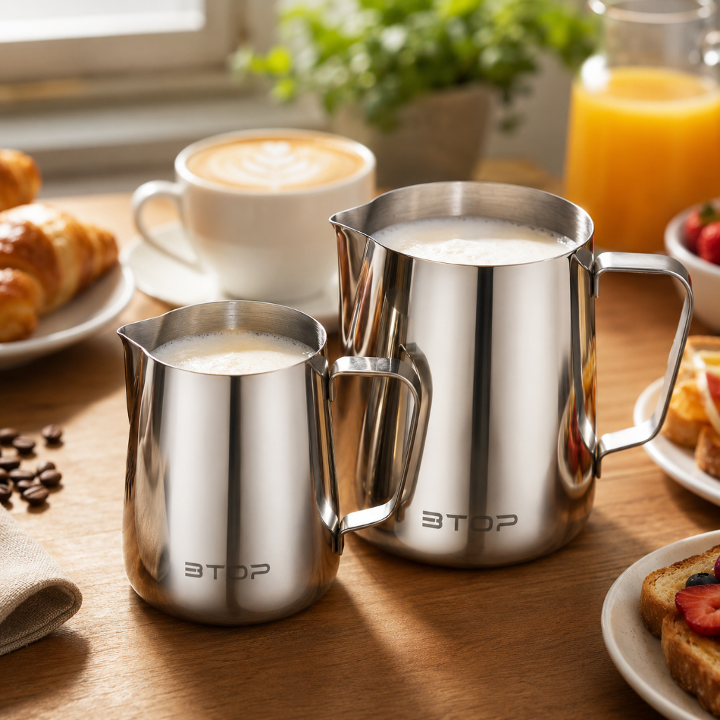 Kit 2 Jarras Pitcher Inox 350ml e 550ml para Latte Barista Café Leite Espumado Cremeira Bico Fino