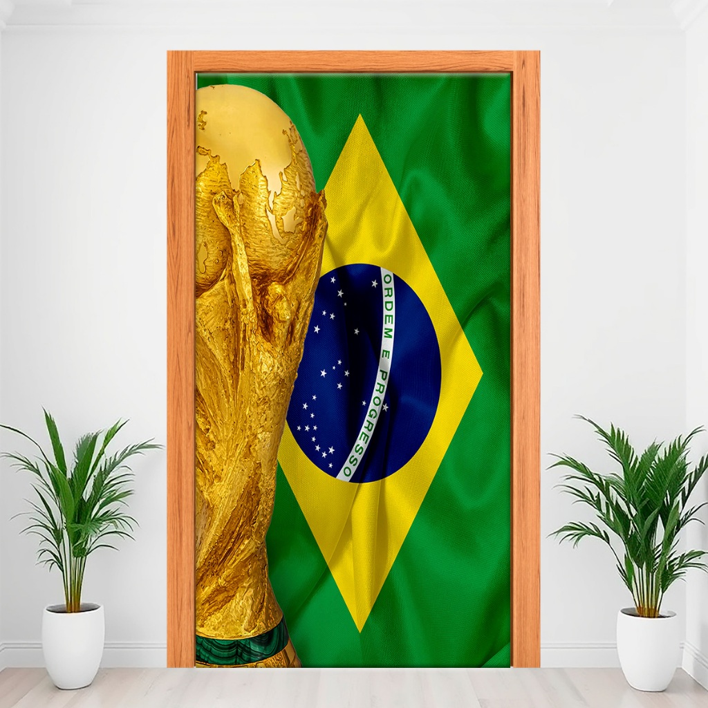 Capa Decorativa De Porta Decoração Com Elástico 2,15m x 0,80Cm Veste Fácil Tema Brasil Copa do Mundo 2026