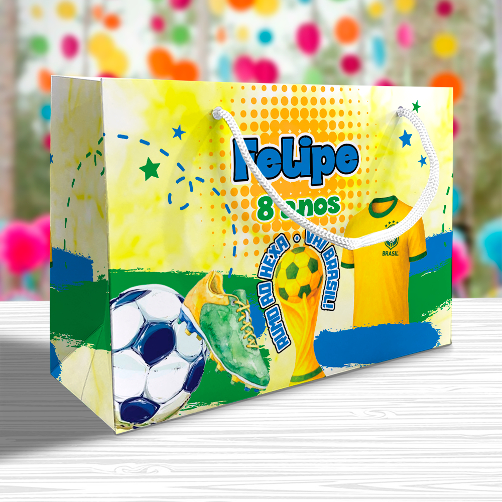 Sacolinha Futebol Brasil Copa Hexa Personalizada Festa Lembrancinha Kit Festa Sacola Deitada Reta