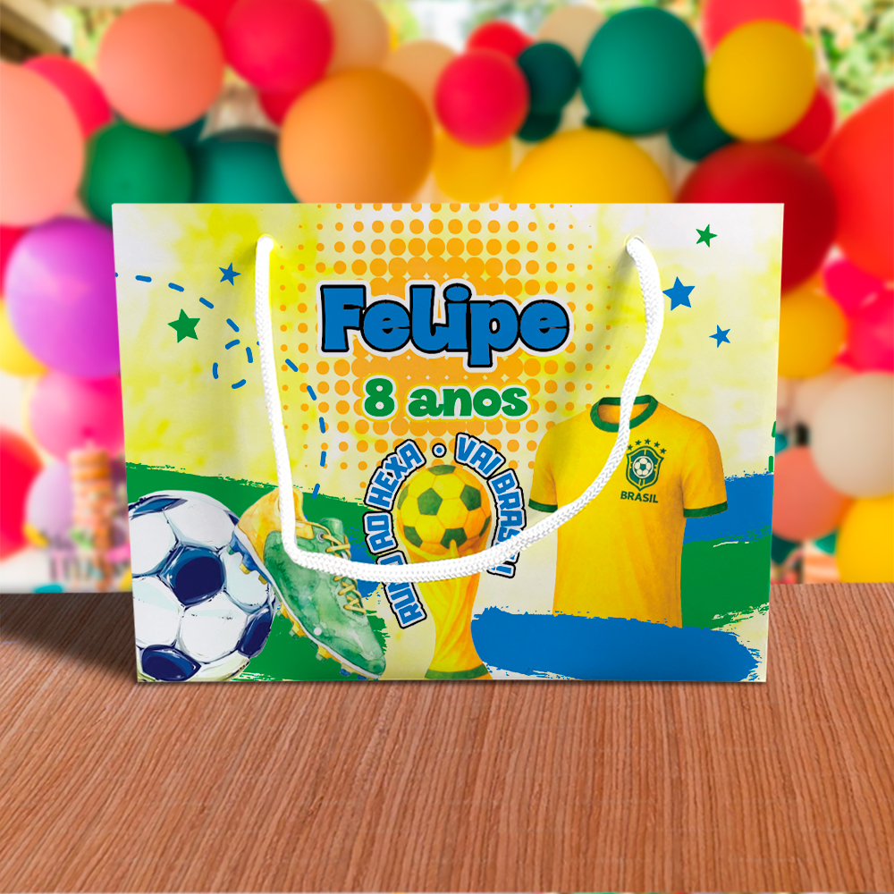 Sacolinha de Festa Futebol Brasil Copa Lembrancinha Personalizada Kit Festa Sacola Deitada Reta