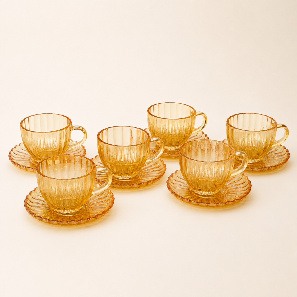 Conjunto 12 Peças Xicara Com Pires De Vidro Ambar 100ml Café E Cha
