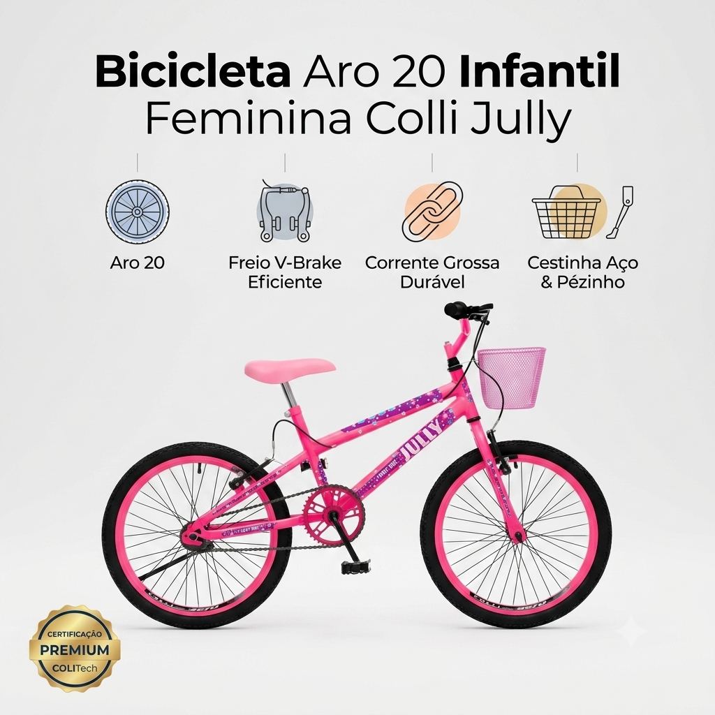 Bicicleta Aro 20 Infantil Feminina Menina Com Cesta Colli Jully - Aço Resistente e Leve