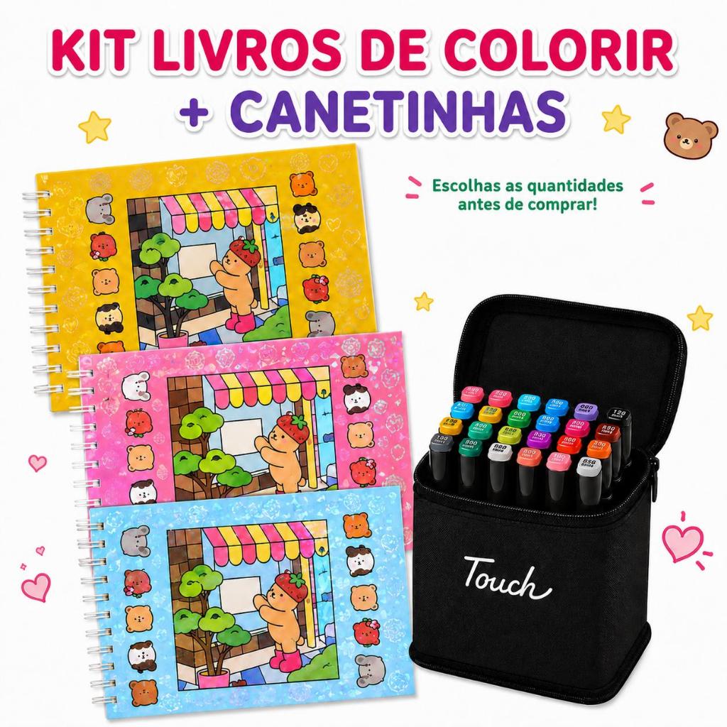 Kit 1/2 Livros de Colorir Capa Dura + 12/24 Canetinhas Touch Ponta Dupla - Holográfico 50 Folhas Bob Comfy Cozy