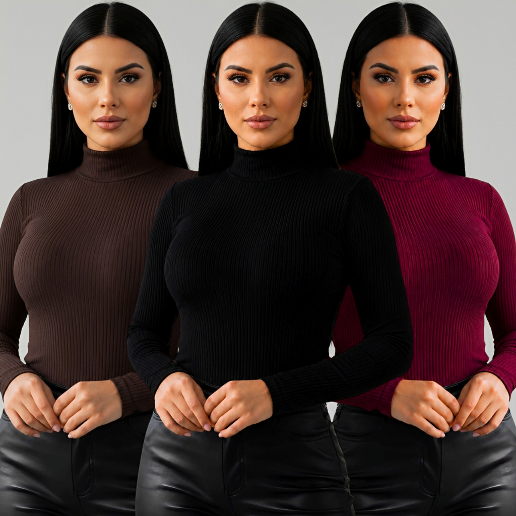 Kit 3 Blusa Feminina Gola Alta Canelada Manga Longa Segunda Pele Cacharrel