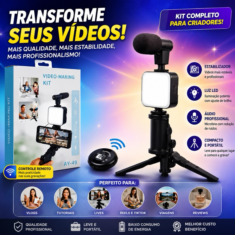 Tripé Estabilizador de Mão c/ LED, Microfone e Controle Bluetooth p/ Celular Gravação Vlog Live