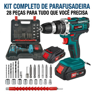 Kit 28 Peças Parafusadeira Elétrica 36V Sem Fio Bivolt LED Azul-JUMLEE