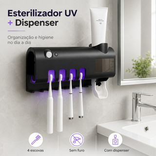 Esterilizador UV de Escovas com Dispenser de Pasta Suporte para 4 Escovas Sem Furo Banhei…