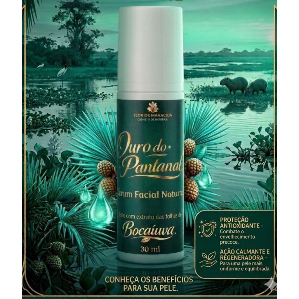 Sérum Facial – Ouro do Pantanal - Extrato das folhas de Bocaiúva - Óleos Essencias - Óleos Vegetais