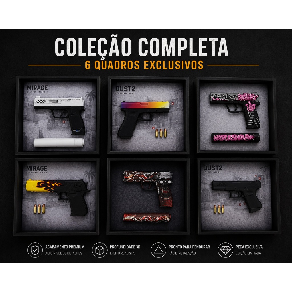 Quadro Decorativo 3D CS2 | Glock Fade, Deagle Blaze, USP Printstream e Mais