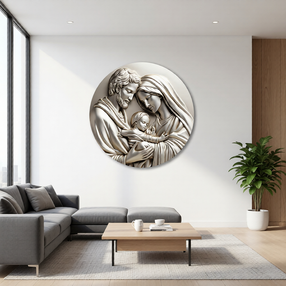 Quadro Placa Decorativa Redonda de Parede Sagrada Família Jesus Nossa Senhora com Verniz Localizado Brilho Vivo