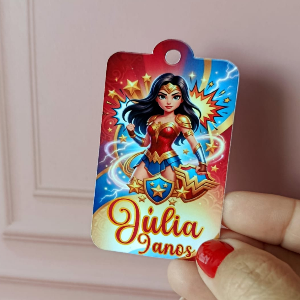 Tags Mulher Maravilha (7,5 cm x 4,5cm ) | 40/60/80 ou 100 unid. | Tags de Aniversário Personalizada Mulher Maravilha