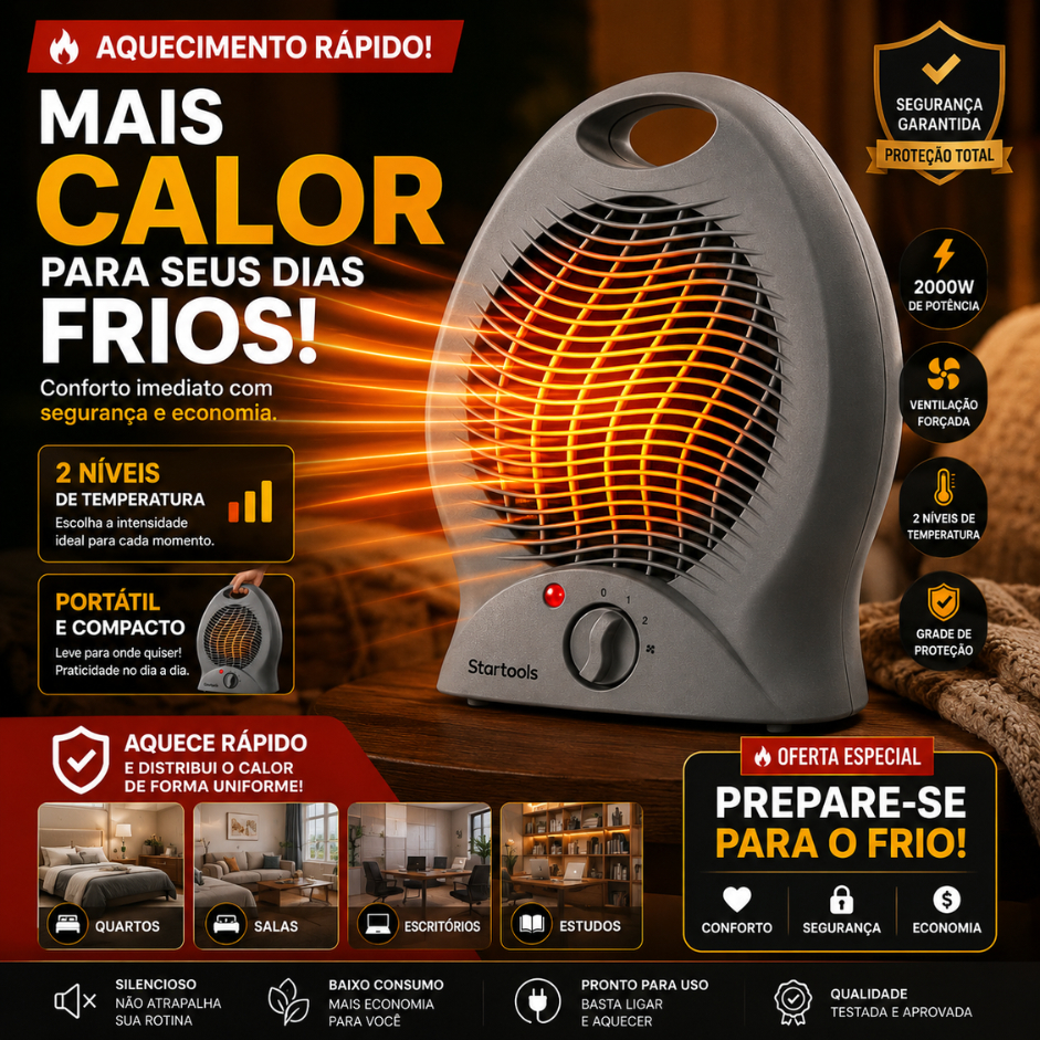 Aquecedor de Ar Elétrico Portátil 2000W 220V 2 Níveis de Temperatura Ventilação Forçada Cinza SR1264