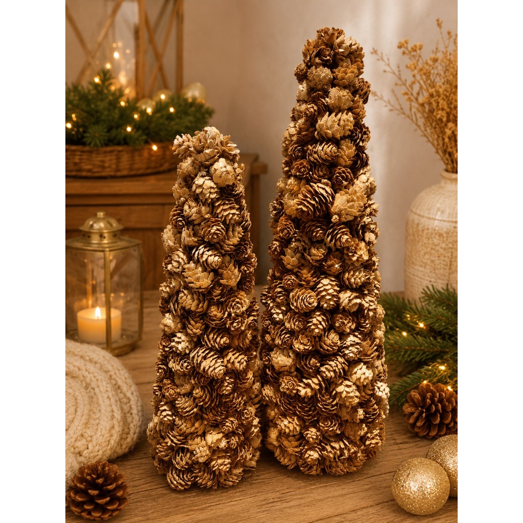 Árvore Cone Decorativa de Pinhas Cru com Dourado Cromus Decoração Natalina Luxo 40cm ou 48cm