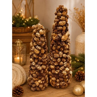 Árvore Cone Decorativa de Pinhas Cru com Dourado Cromus Decoração Natalina Luxo 40cm ou 48cm