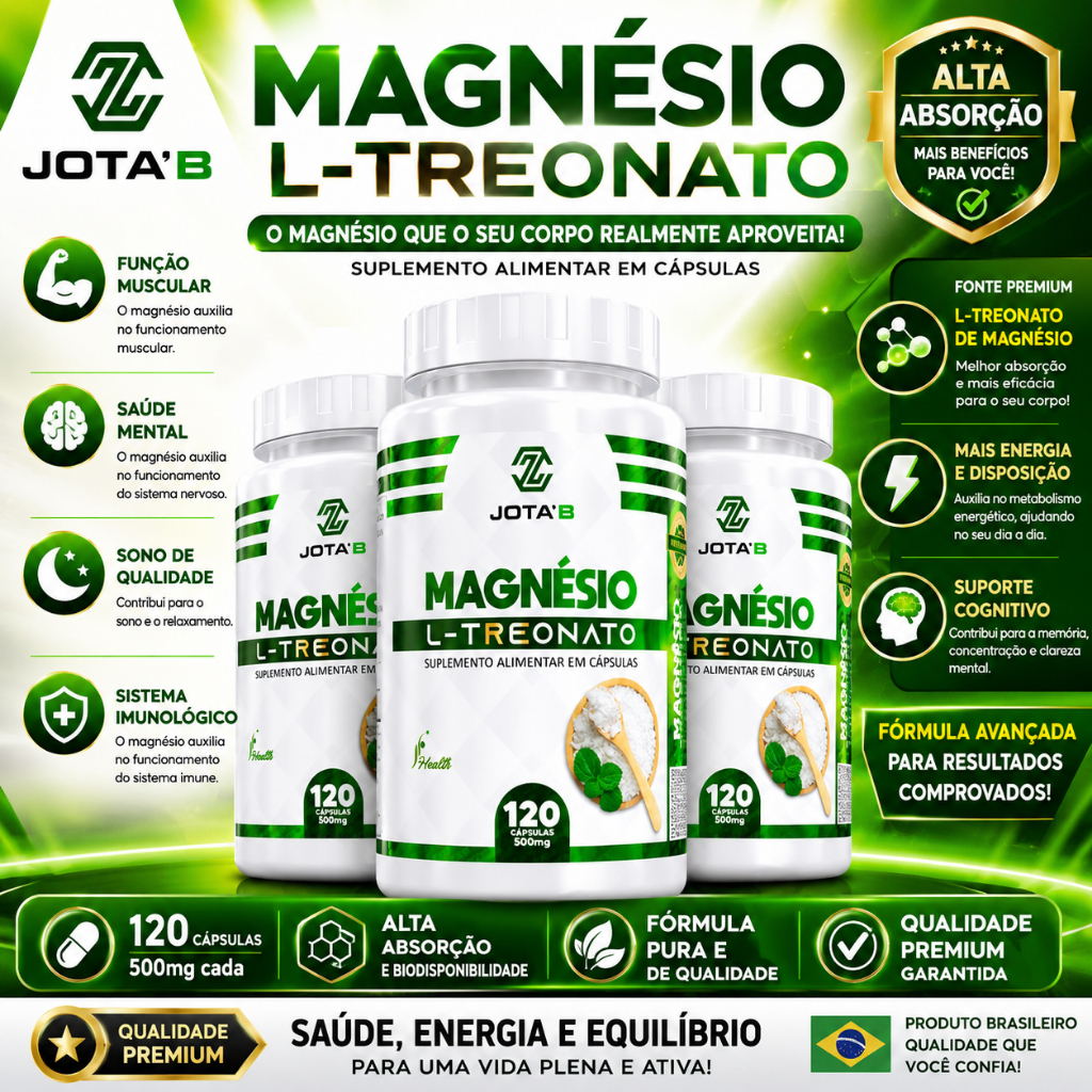 Magnésio L-Treonato 100% Original – Suplemento Alimentar Natural 120 Cápsulas