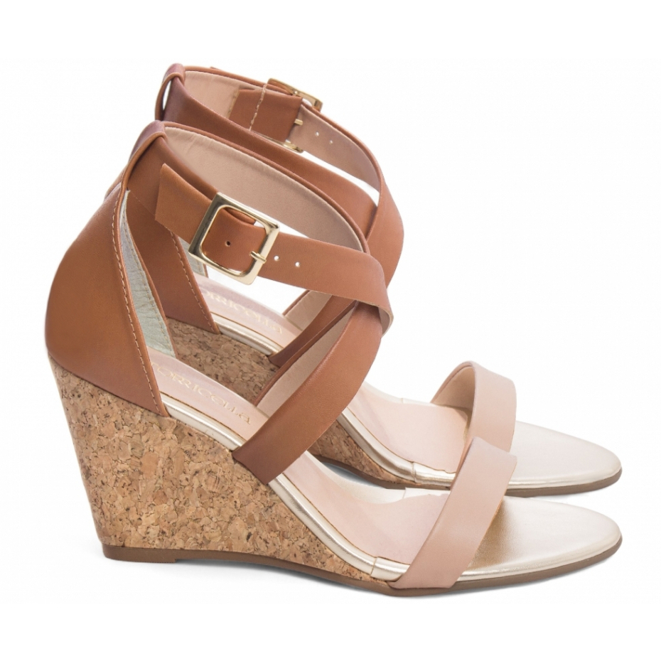 Sandália Feminina Plataforma 7cm Versátil Passeio Confortável Anabela Caramelo Bege Torricella