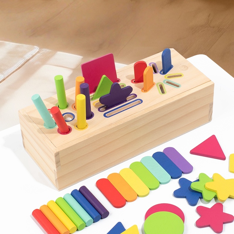 Caixa Montessori 3 em 1 Brinquedo de Madeira Educativo Classificação Formas Geométricas e Cores Aprendizado Infantil