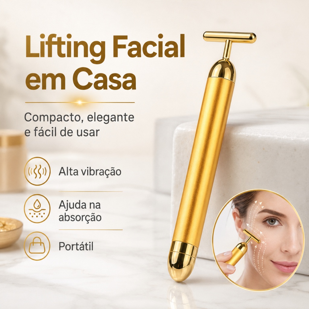 Massageador Facial Eletrico Tipo T Bastao De Ouro Vibracao Alta Frequencia Reduz Inchaco Olheiras Lifting Skincare