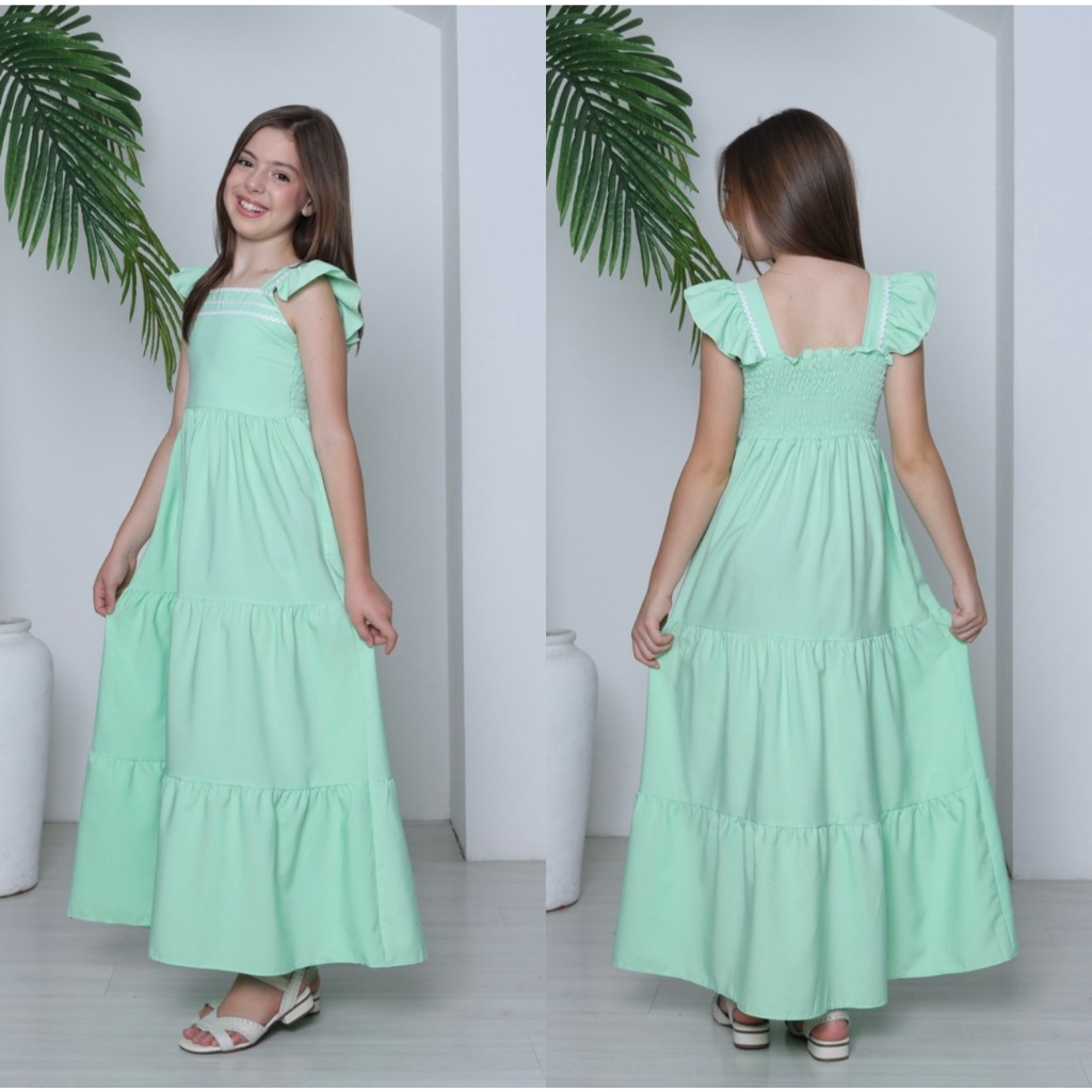 Vestido Longo 3 Marias liso Babadinho infantil juvenil menina rendado