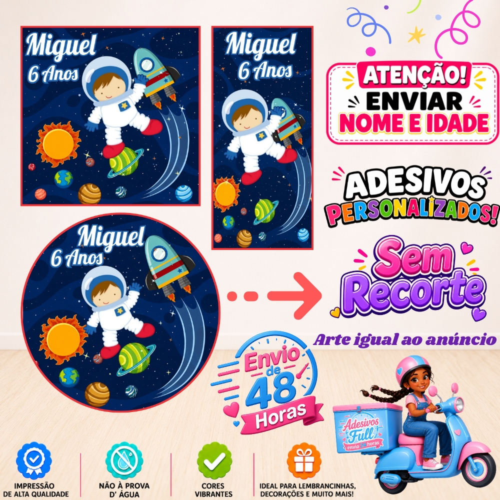 Astronauta Menino - 100/60/40 Adesivos Personalizados Lembrancinhas Festa Aniversário
