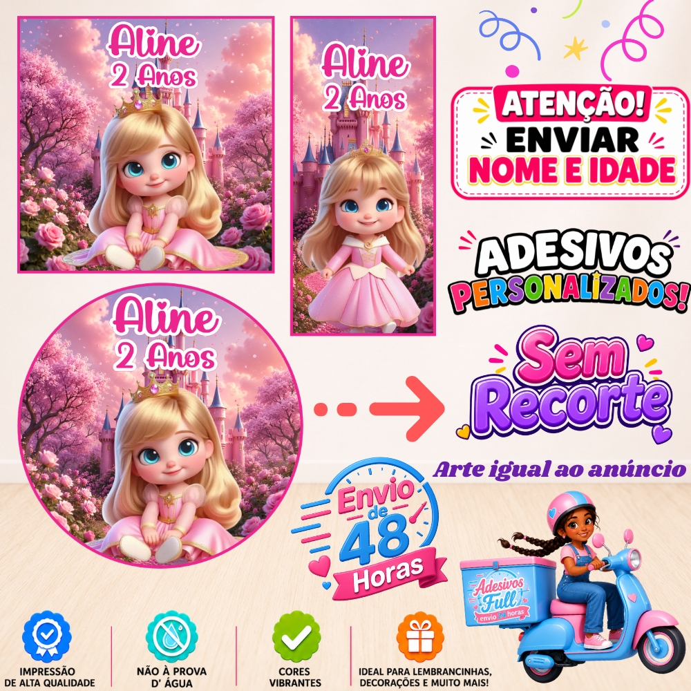 Princesa Aurora Baby IA - 100/60/40 Adesivos Personalizados Lembrancinhas Festa Aniversário