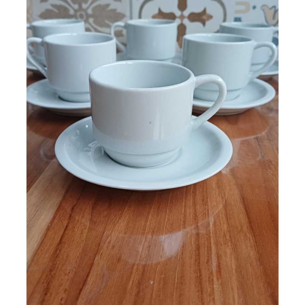 Kit Jogo 6 Xicara Com Pires Branca 200ml Porcelana Hotel Chá Café Capuccino Chocolate Quente