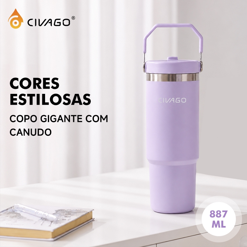CIVAGO Garrafa Térmica Portátil 887ml Aço Inox BPA Free Antivazamento com Tampa Canudo e Alça Stanley Quente/Frio
