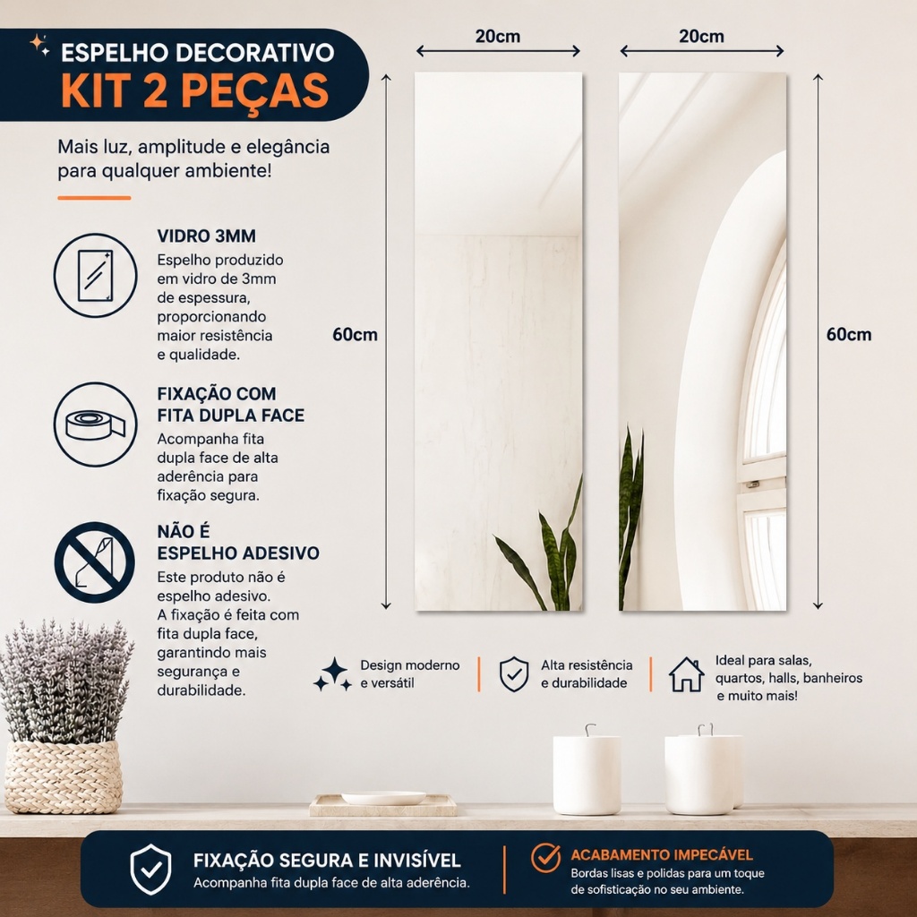 Kit 2 Espelhos 60x20cm De Vidro De Parede + Fita Dupla Face Fixação