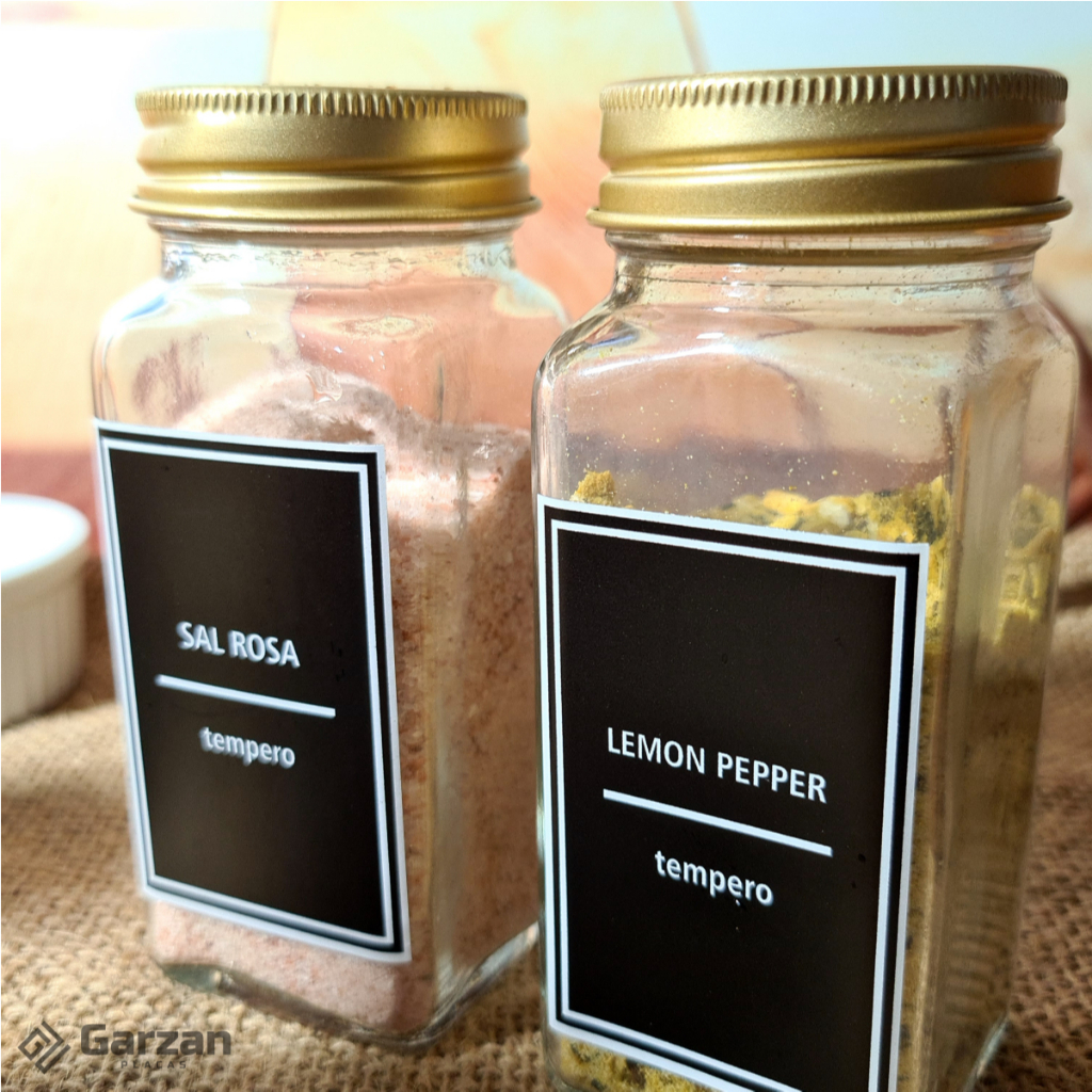 Kit Adesivos para Potes de Vidro Tempero Condimento Cozinha em Vinil Preto ou Branco 6X4CM