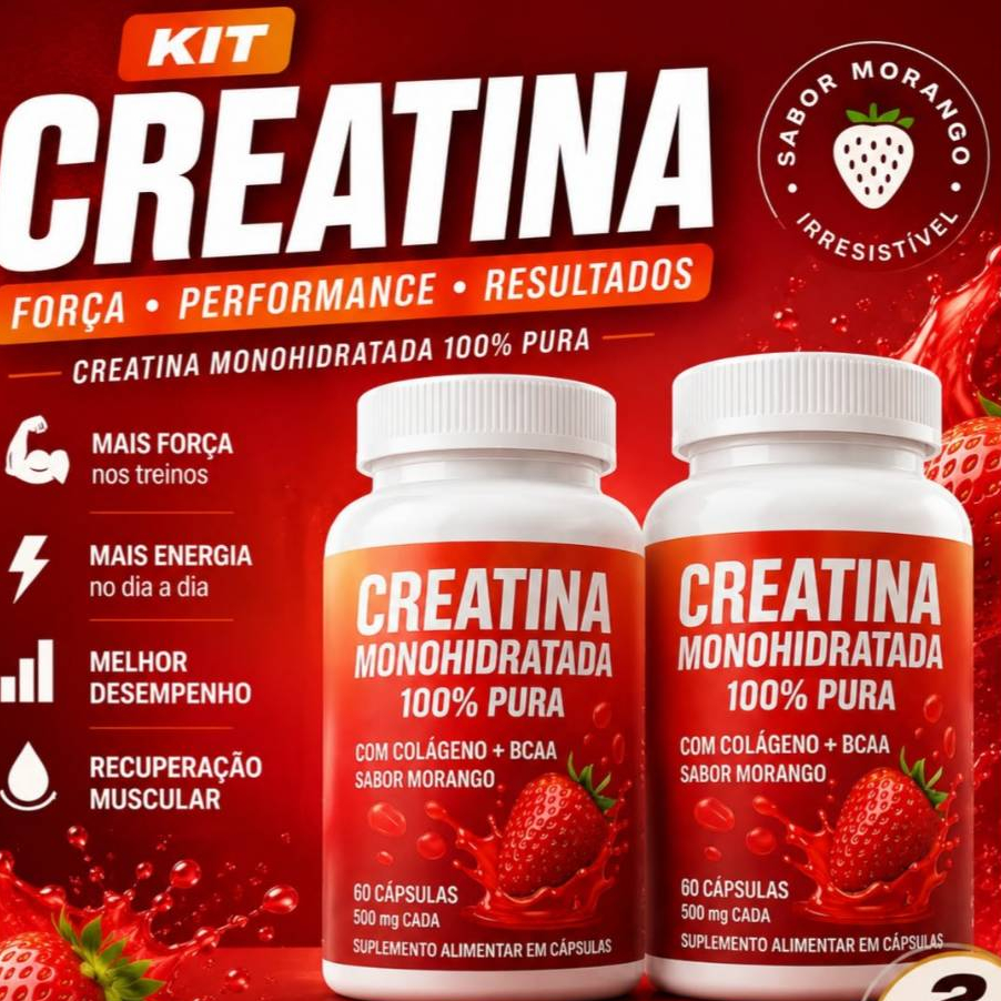 Kit 2 Creatina Feminina com Colágeno e BCAA - Sabor Morango - Ganho de Glúteos, Massa Muscular e Definição