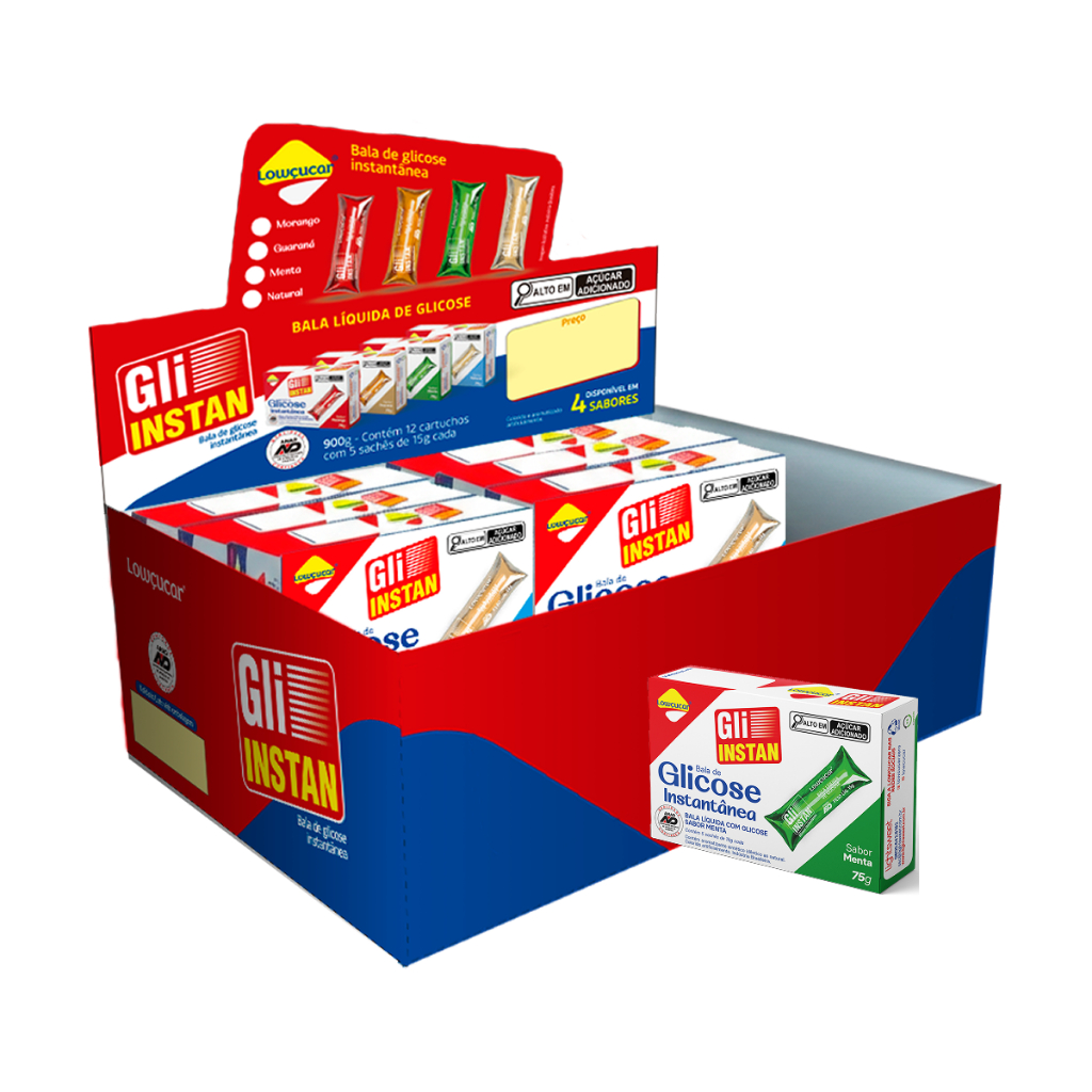 Kit com 12 unidades, de Gli Instan Lowçucar, Sabor Menta, Bala Líquida com Glicose Instantânea 5x15g