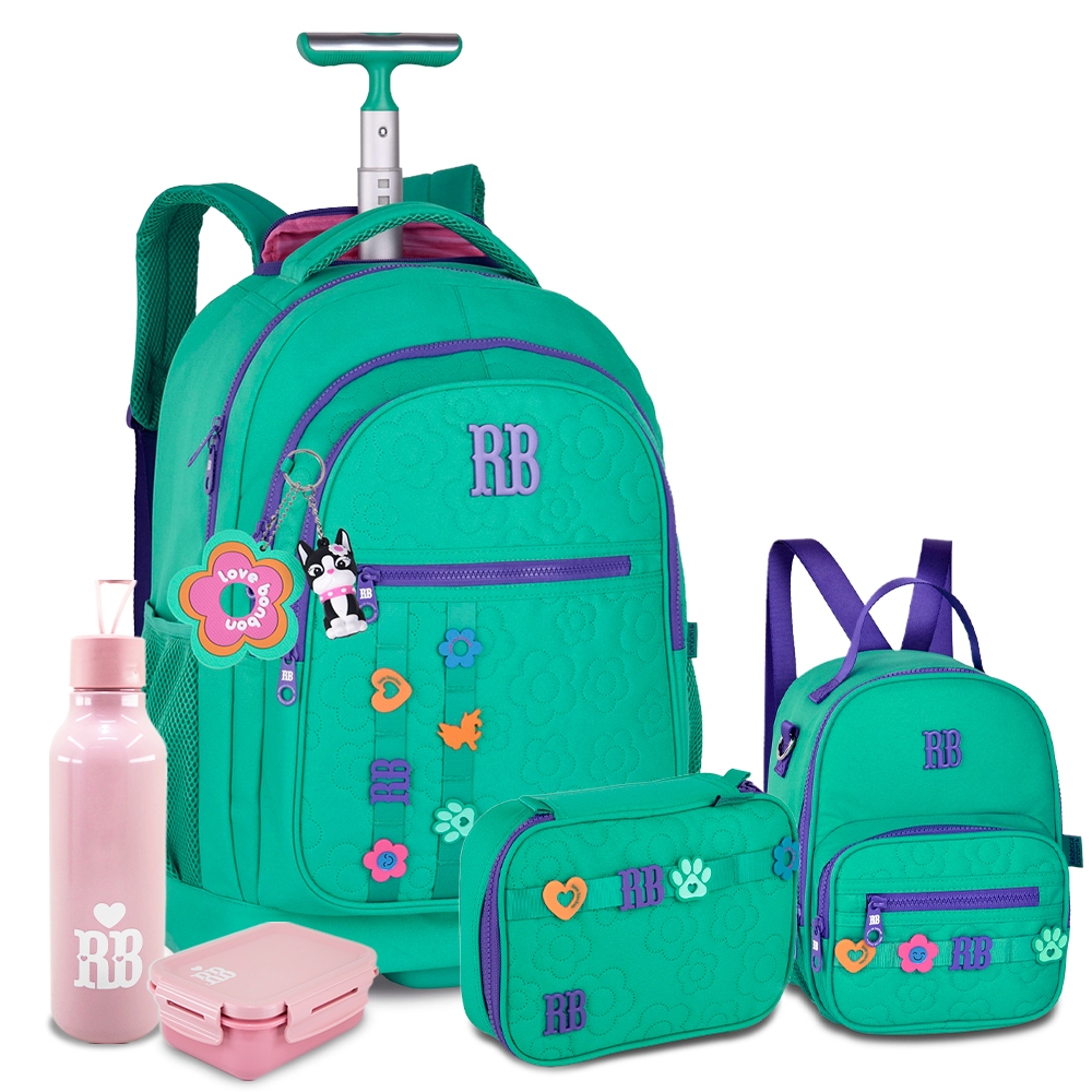 Kit Mochila Carrinho Estojo Box 100 Pens Elásticos Lancheira Escolar Universitário Rebecca Bonbon