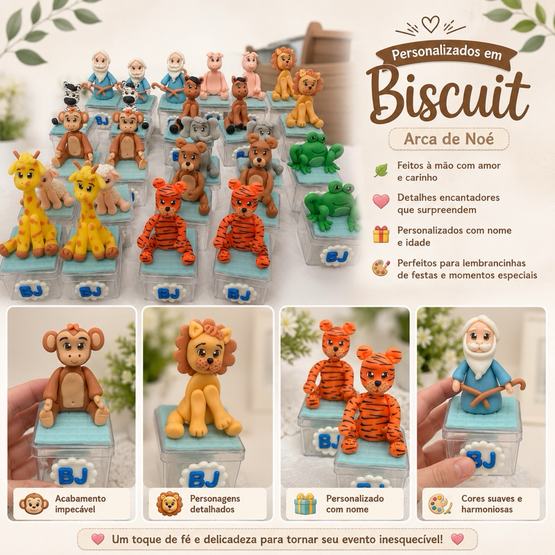 Lembrancinha Arca de Noé em Biscuit Personalizada | Caixa Acrílica | Nome e Idade | Festa Infantil