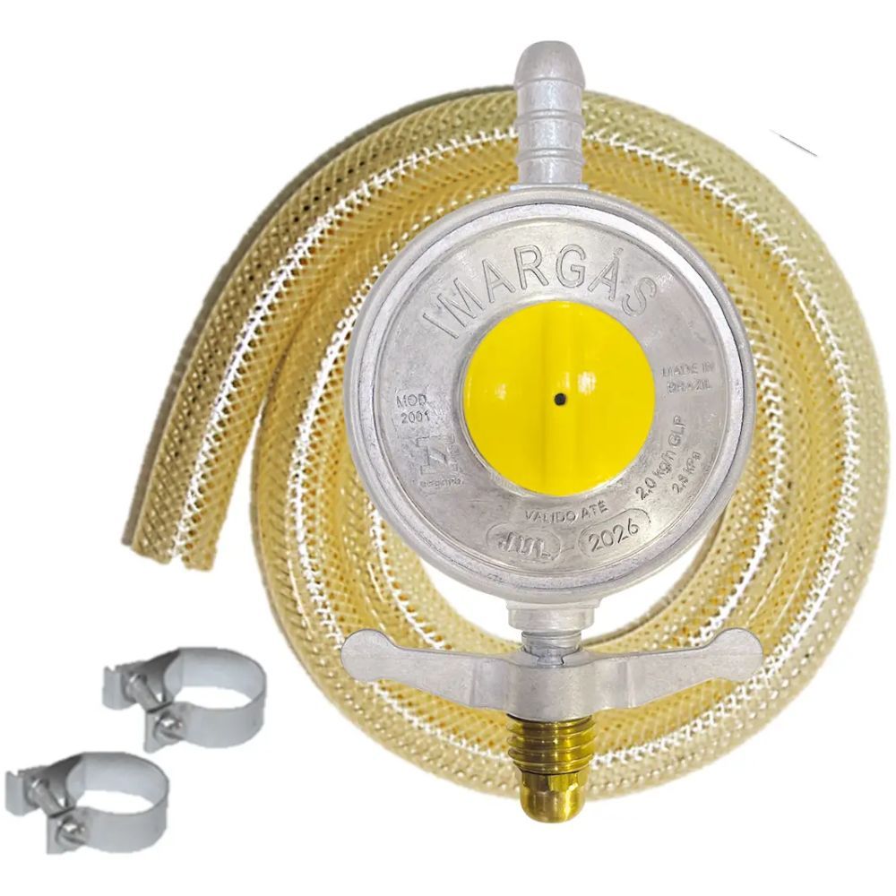 Kit Regulador Registro Gás 2kg + Mangueira 4m + 2 Abraçadeira