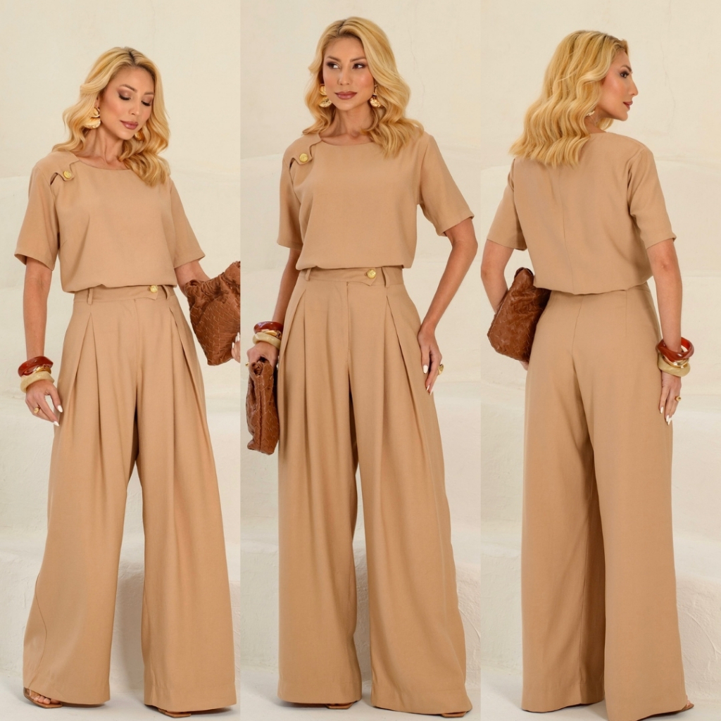 Conjunto Feminino Calça Cintura Alta Alfaiataria Reta E Blusa Com Botão Dourado Elegante Executiva Estilosa Tendência