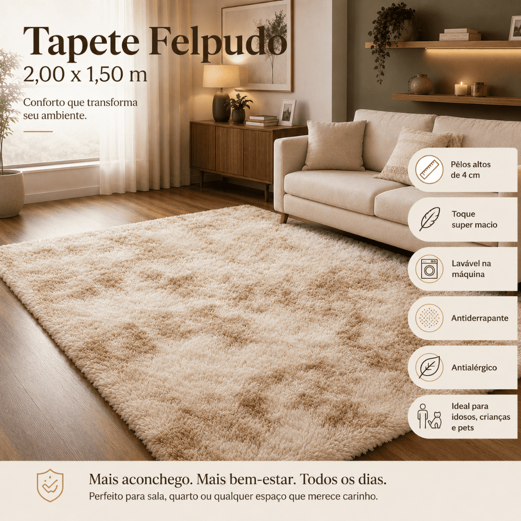 Tapete Felpudo 2,00x1,50 Peludo 4cm Antiderrapante Lavável Sala Quarto Shaggy Macio Cinza