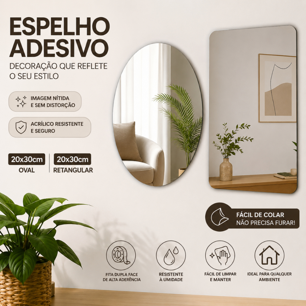 Espelho de Parede Acrílico Auto Adesivo 20x30 Retangular Oval arredondado Decoração Quarto, lavabo, banheiro