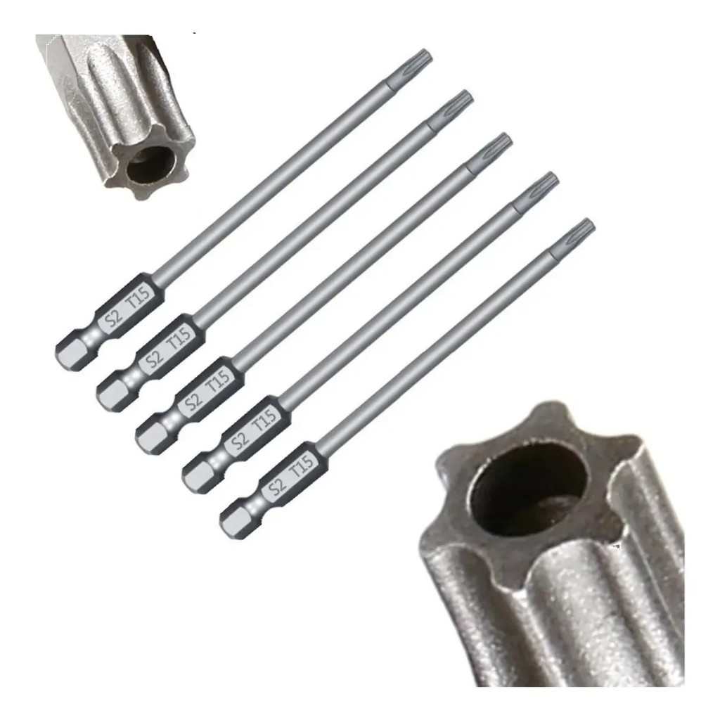 5 Pontas Bits Torx T15 X 100 Longo C/furo Guia Enc 1/4 Mtl