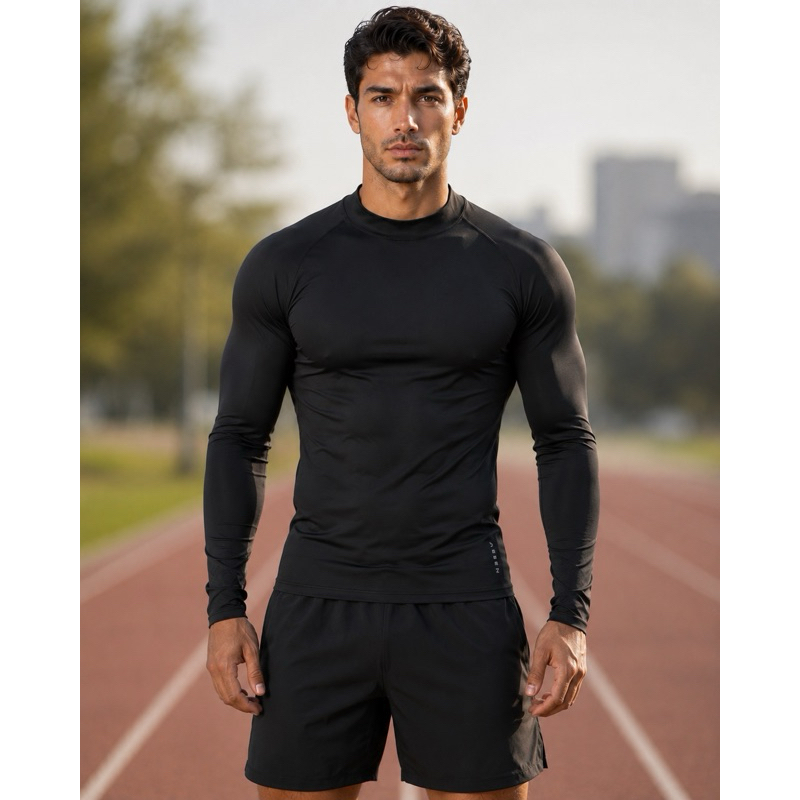 Camiseta Compressão Térmica Masculina Gola Alta Manga Longa Proteção UV50 Treino Academia Corrida Segunda Pele
